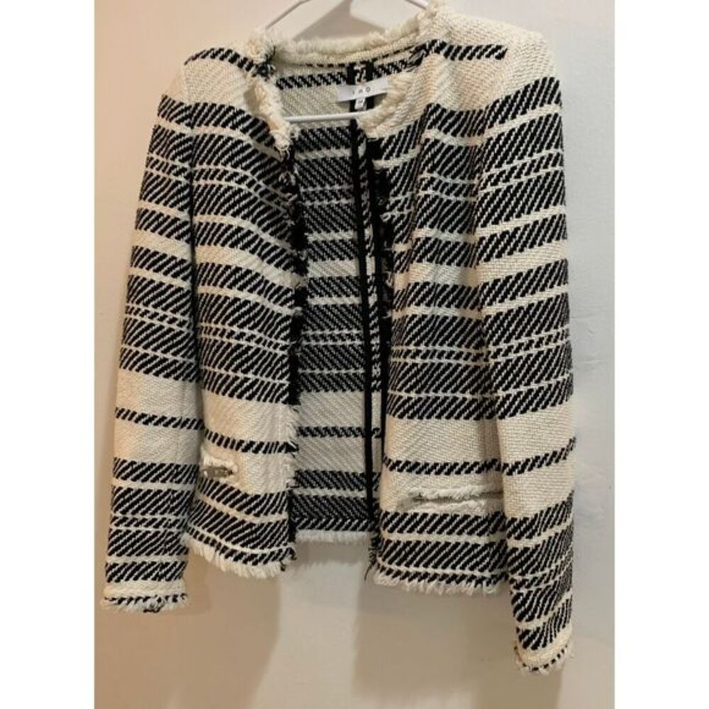 IRO Black & White‎ Striped Tweed Jacket Cardigan with Frayed Edges Size 34 XS